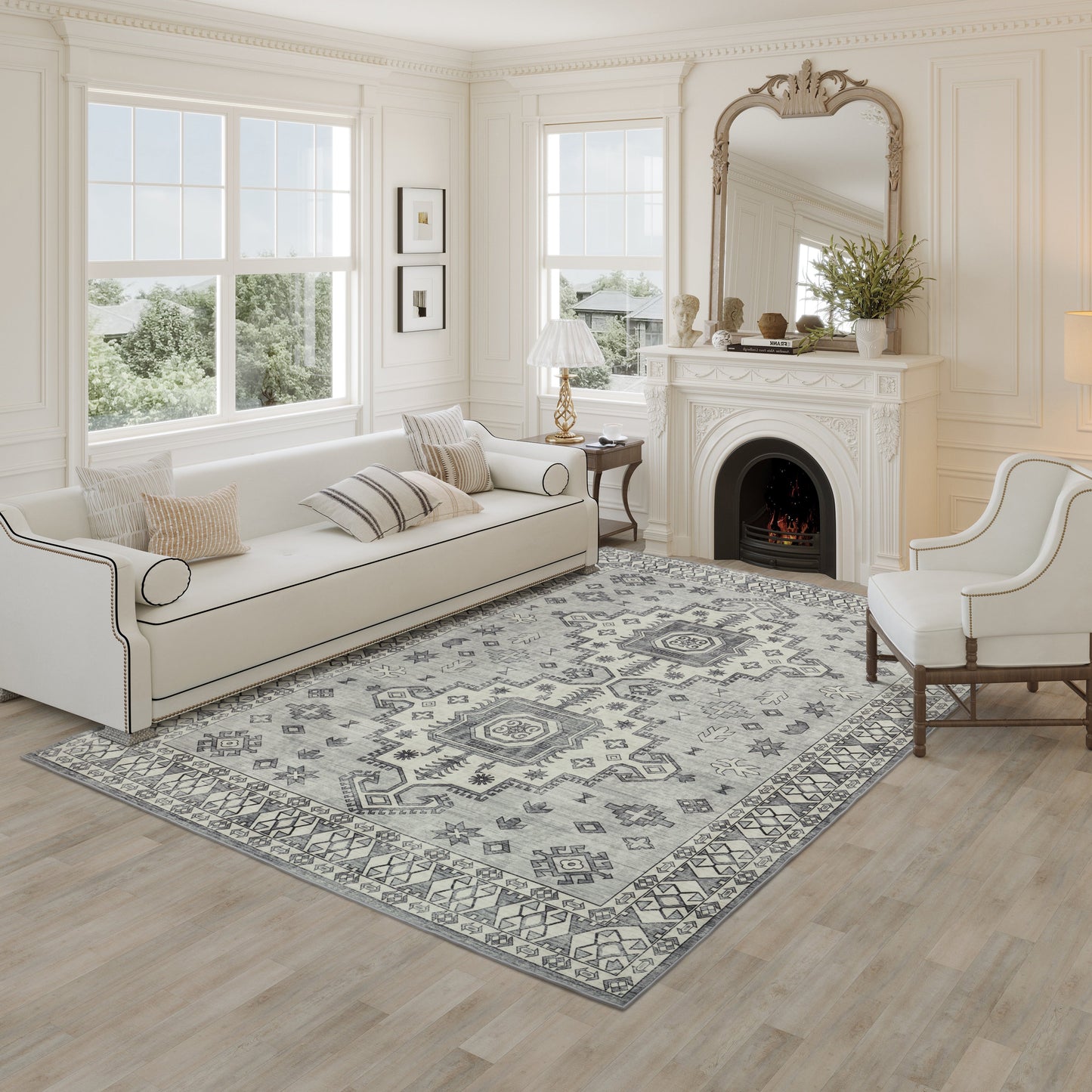 Perennial Silver Medallion - Machine Washable Area Rug