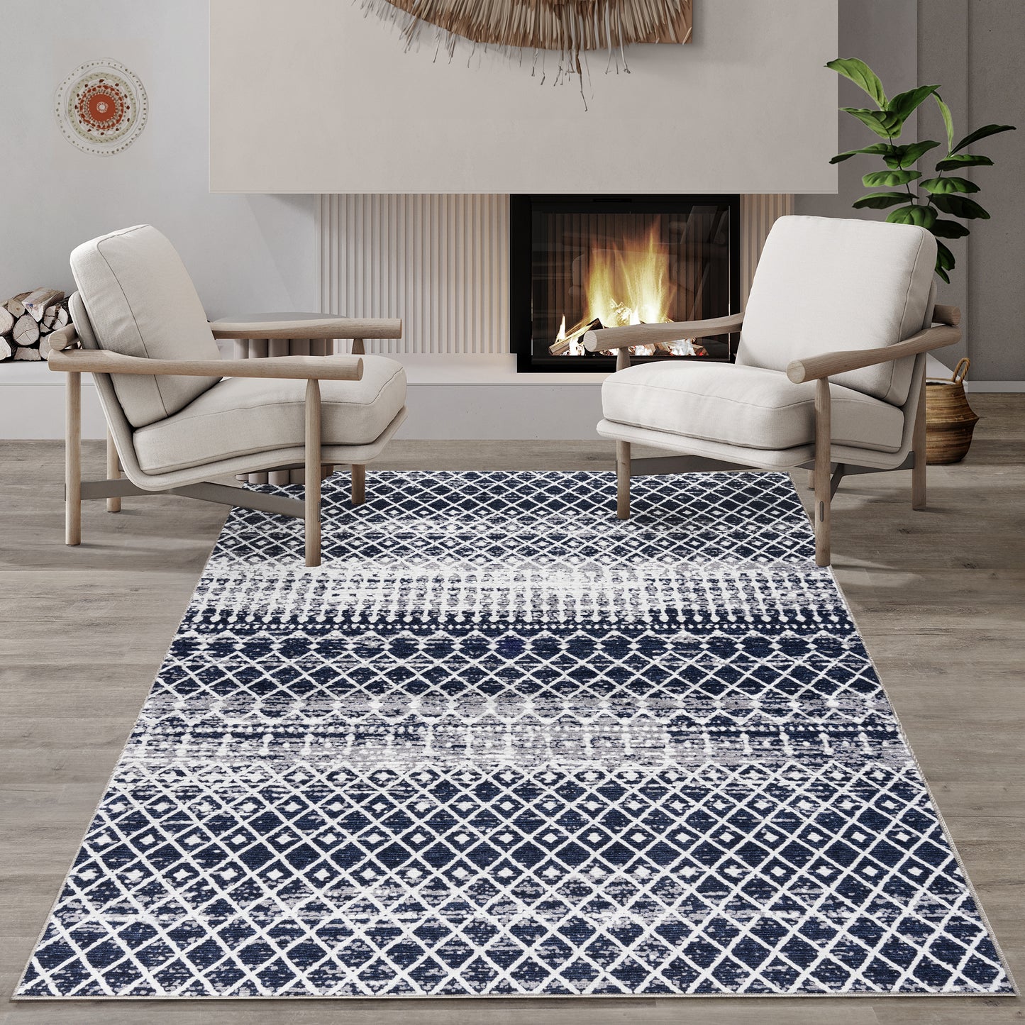 Charcoal Trellis Tassel - Machine Washable Area Rug