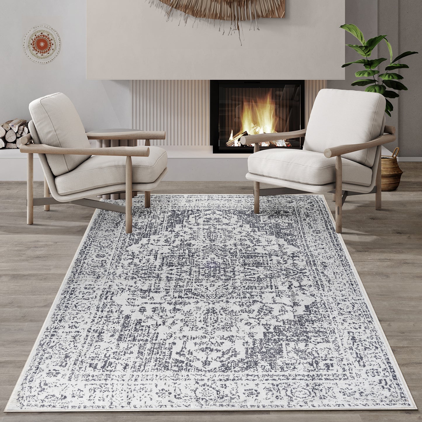 Gray Whisper Medallion - Machine Washable Area Rug